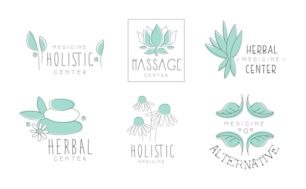 Alternative medicine logo design set herbal massage holistic center hand drawn vector Illustrations isolated on a white background