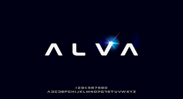 Alva, a bold and futuristic font, modern scifi typeface design. Alphabet