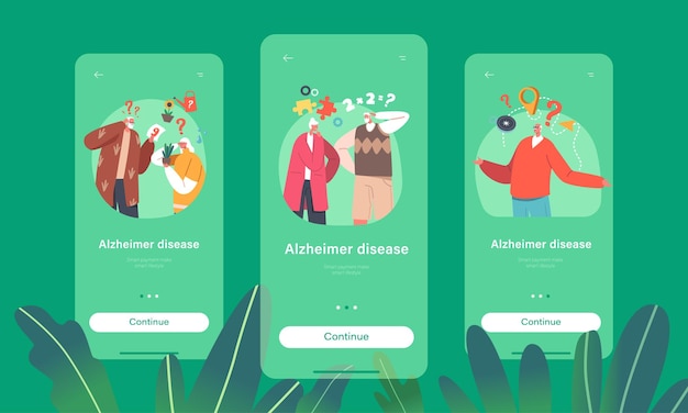 Alzheimer Disease Mobile App Page Onboard Screen Template Forgetful Elderly People Senior Characters Think