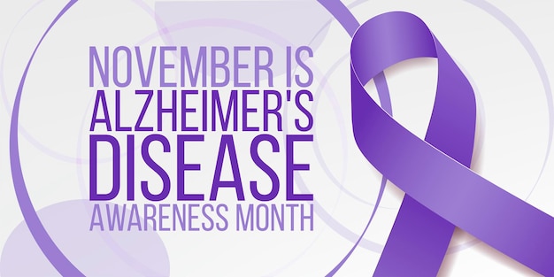 Alzheimer's disease awareness month concept. Banner template with purple ribbon and text.  Vector illustration.