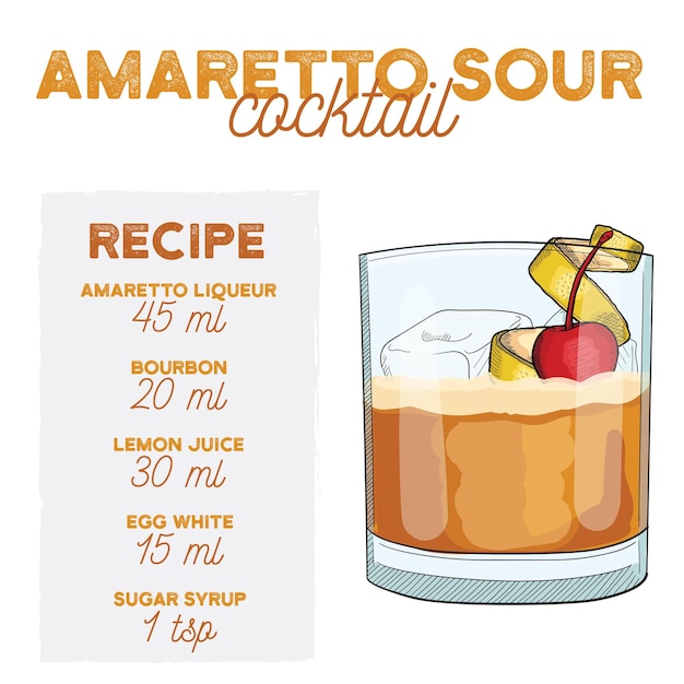 Amaretto Sour Cocktail Illustration Recipe Drink with Ingredients