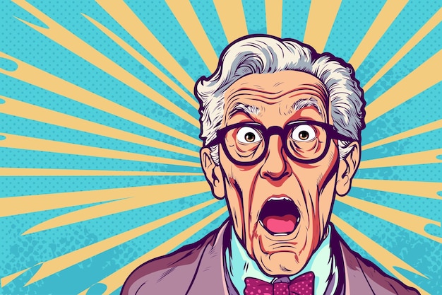 Vector amazed grandfather old grayhaired man looking with surprising unbelievable news big sale