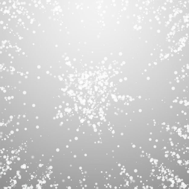 Vector amazing falling snow christmas background. subtle flying snow flakes and stars on light grey background. actual winter silver snowflake overlay template. alive vector illustration.