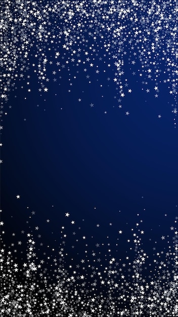 Amazing falling stars Christmas background. Subtle flying snow flakes and stars on dark blue background. Alluring winter silver snowflake overlay template. Lovely vertical illustration.