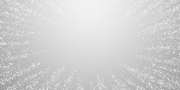 Amazing falling stars Christmas background. Subtle flying snow flakes and stars on light grey background. Beautiful winter silver snowflake overlay template. Worthy vector illustration.