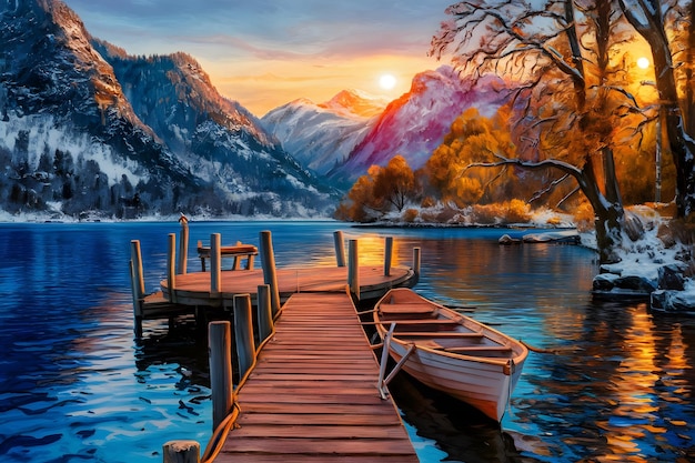 Amazing scenery of famous alpine lake Braies at autumn during sunrise