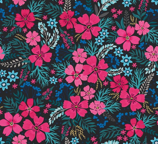 Amazing seamless floral pattern with bright colorful flowers and leaves on a dark blue background.