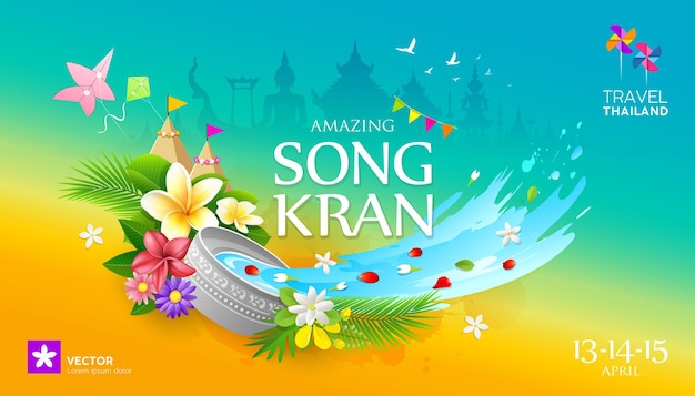 Amazing Songkran festival travel thailand colorful banner.