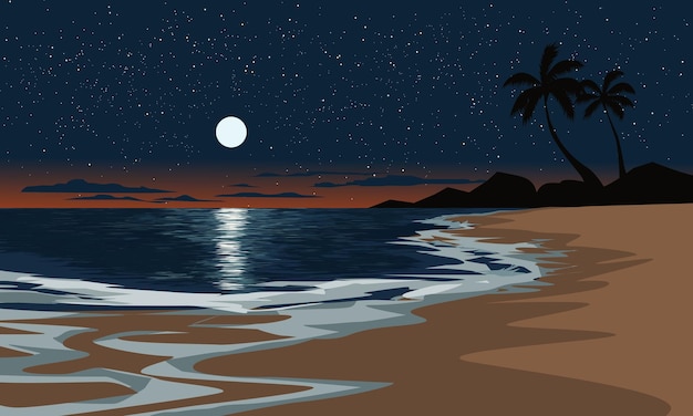 Vector amazing starry night at beach with palm trees and full moon