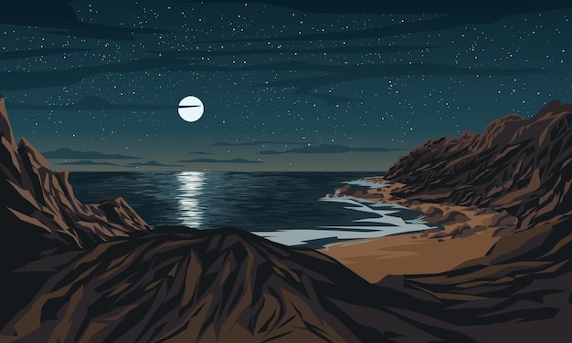 Vector amazing starry night at beach with rocks and full moon