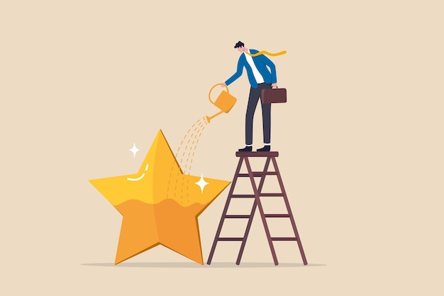 Ambition or motivation to success or being excellence aspiration and effort to improve growing and best performance concept ambitious businessman fill in golden star price metaphor of success