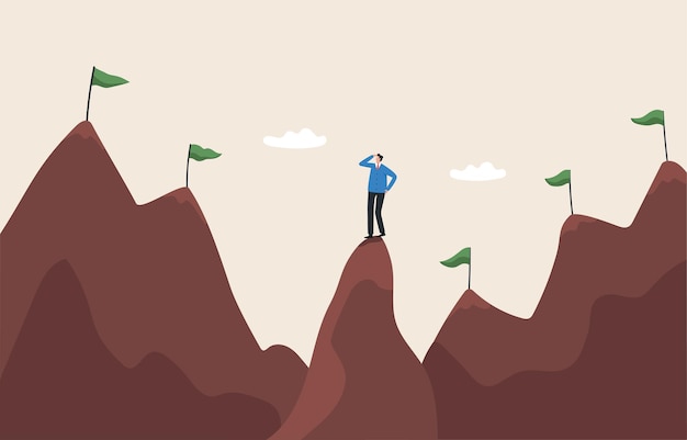 Ambition towards success and achieving great goals Career growth or business goals A challenge that must be braved to face Businessman reaches the top of the mountain with a flag goal