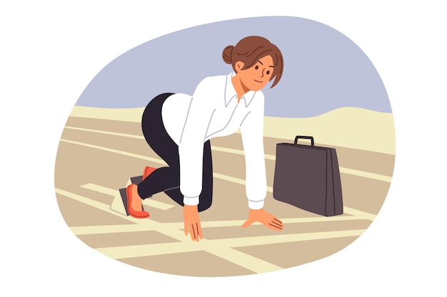 Ambitious business woman is ready for quick start stands in pose of runner in stadium