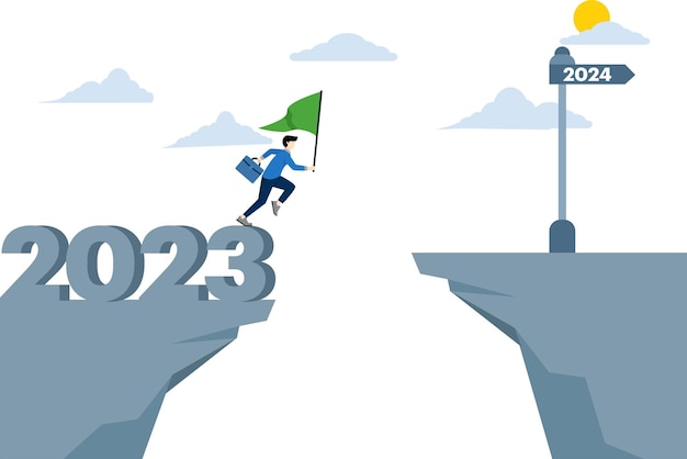 Ambitious businessman waving the finish flag and jumping over the gap from the old year 2023 to 2024