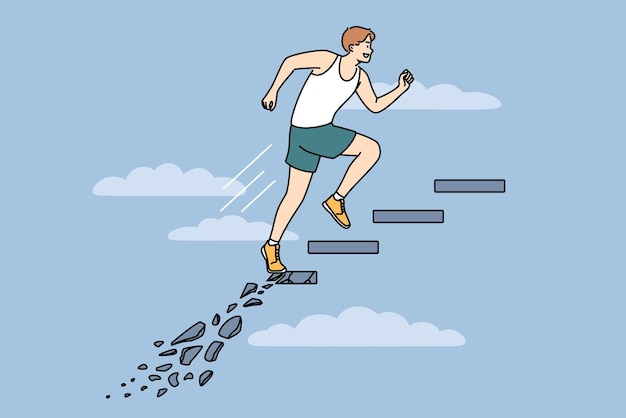 Ambitious man runs up crumbling staircase striving to achieve goal and demonstrating lack of fear