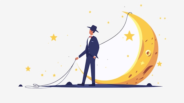 Ambitious Young Businessman Achieving Success by Obtaining the Moon with Rope