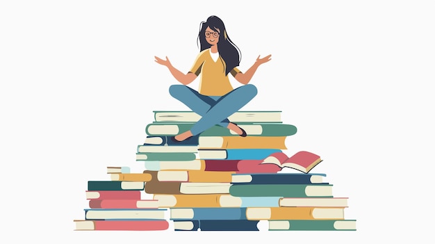 Ambitious Young Businesswoman Sitting on Pile of Books Proclaiming Success