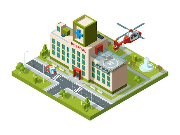 Ambulance building. Emergency transport helicopter on hospital roof helipad  healthcare isometric.