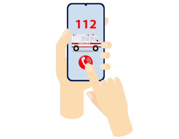 Ambulance call 112 on smartphone screen in hands Flat illustration for emergency care app