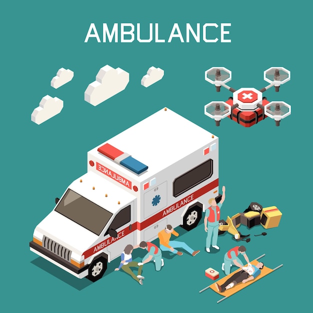 Ambulance car medical drone and doctors giving first aid to injured people illustration