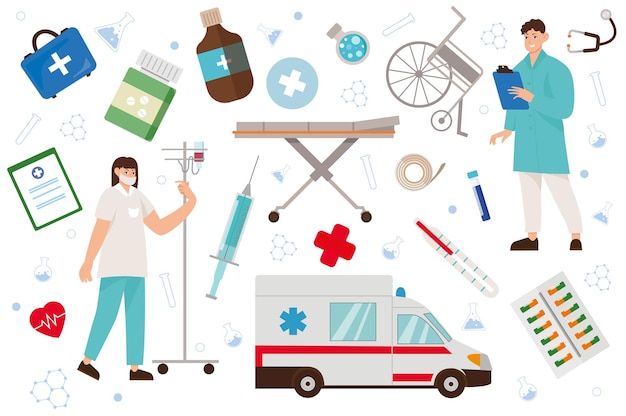 Ambulance elements set concept in the flat cartoon style image of doctors with equipment