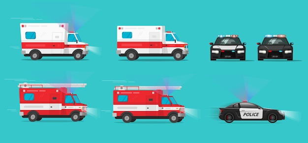 Ambulance emergency car 3d side firefighter truck and front police fbi rescue vehicle van clipart