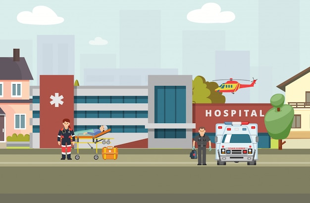 Ambulance hospital banner,  illustration. Clinic worker character brought patient on gurney.