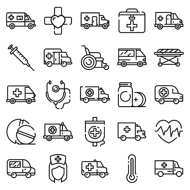 Ambulance icons set, outline style