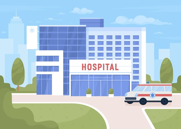 Ambulance near hospital on city street flat color vector illustration