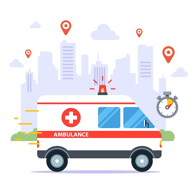 an ambulance travels to call a sick patient. flat  illustration.