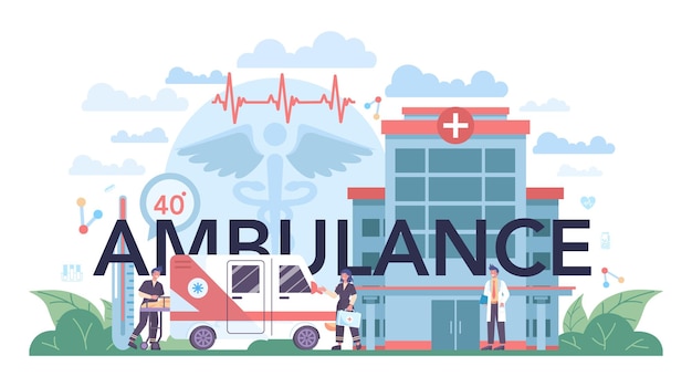 Ambulance typographic header Emergency doctor in the uniform Paramedics urgent care Healthcare modern medicine treatment Isolated vector illustration