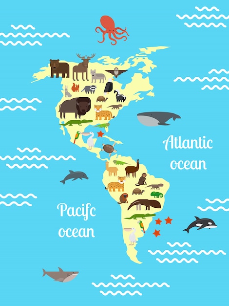 America animals world map for children