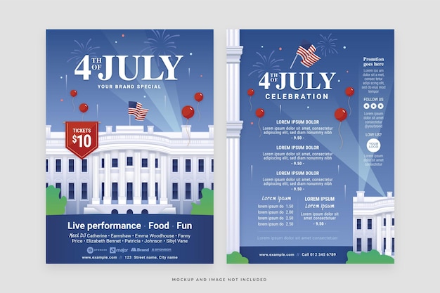 American 4th July Independence Day Flyer Template in Vector with White House Illustration