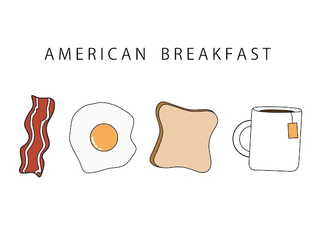 American Breakfast Bacon Fried Egg Sliced bread and Tea on white background