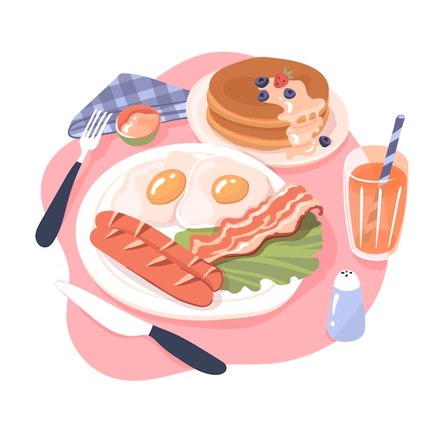 American breakfast in vector illustration Eggs sausages salad bacon pancakes jam juice salt