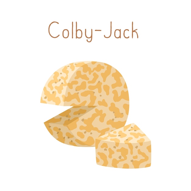 American Colby-Jack cheese isolated on white background. Californian marble Co-jack chees. Colored flat vector illustration of delicatessen snack.