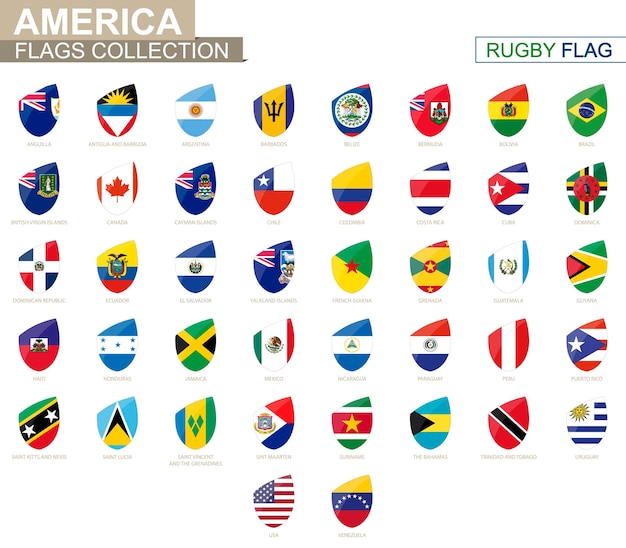 American countries flags collection. Rugby flag set. Vector Illustration.