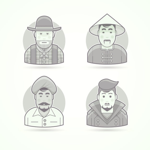 American cowboy, Asian villageman, Indian man, stylish guy. Set of character, avatar and person  illustrations.  black and white outlined style.