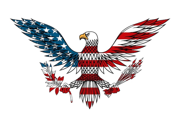 American eagle icon with outstretched wings holds bundle of arrows and olive branch in talons, for tattoo or t-shirt design