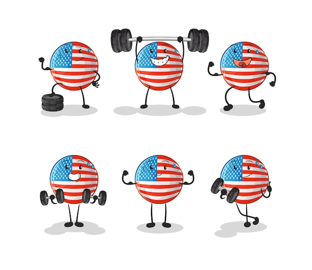 Vector american flag exercise set character. cartoon mascot vector