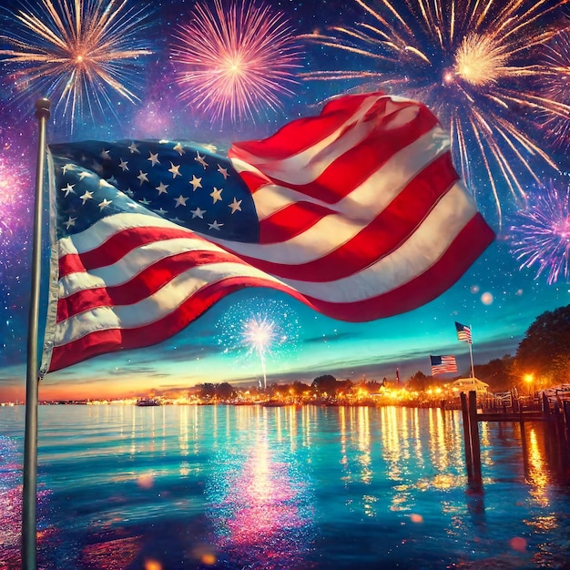 American Flag and Fireworks by Water