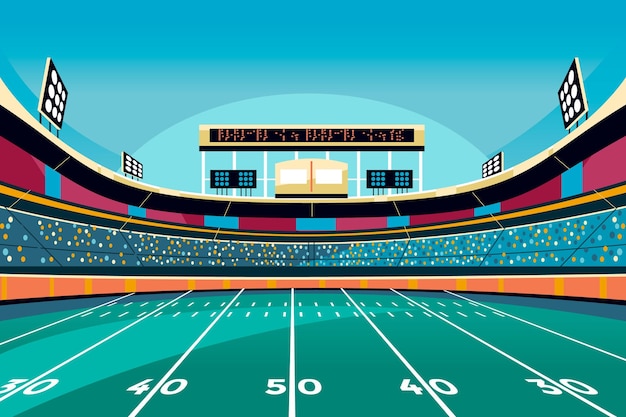 American football arena field with bright stadium lights