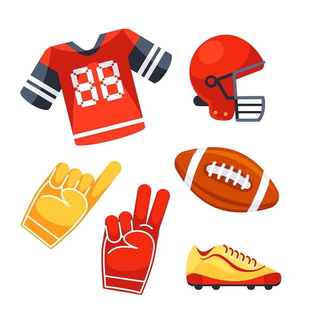 Vector american football fan gear set with a helmet jersey foam fingers and cleats perfect for representing the sport and showing team spirit