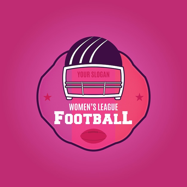 American football logo template Women's league badge with helmet and ball Rugby emblem colorful Stock vector label isolated on pink background