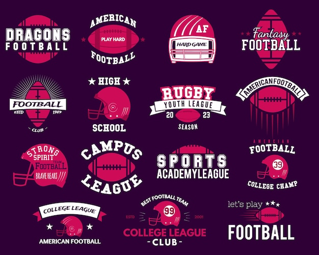 American football logo templates big set Rugby badges isolated on dark background Sports labels collection Stock vector illustration