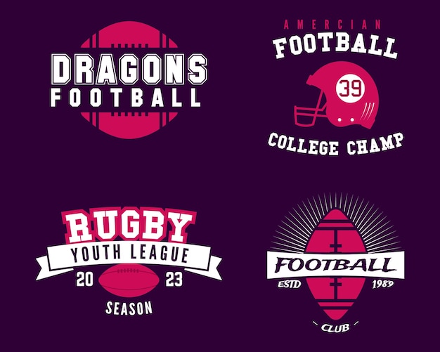 American football logo templates set in flat style Rugby badges isolated on dark background Sports labels collection Stock vector illustration