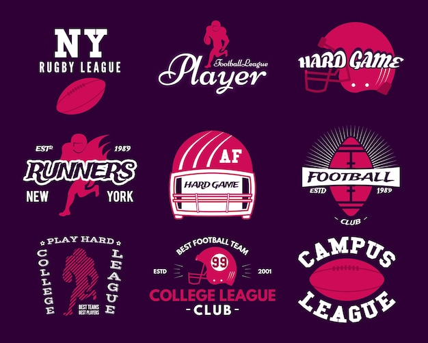 American football logo templates set in modern flat style Rugby badges isolated on dark background Sports labels collection Stock vector illustration