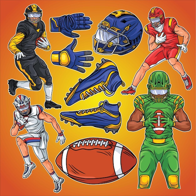 American football pose pack illustration and equipment in one artboard