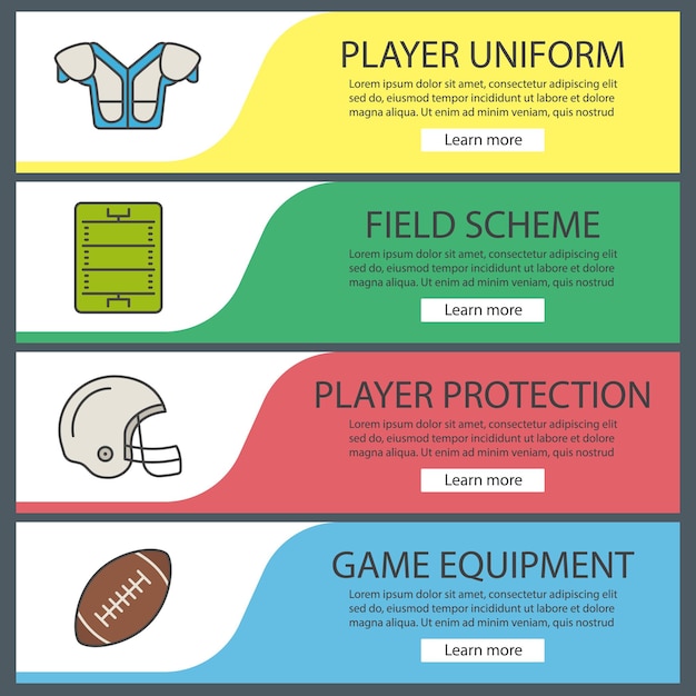 American football web banner templates set. Shoulder pad, field scheme, helmet, ball. Website color menu items. Vector headers design concepts