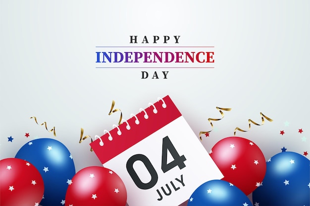 American Independence Day 4th card with balloons and calendar